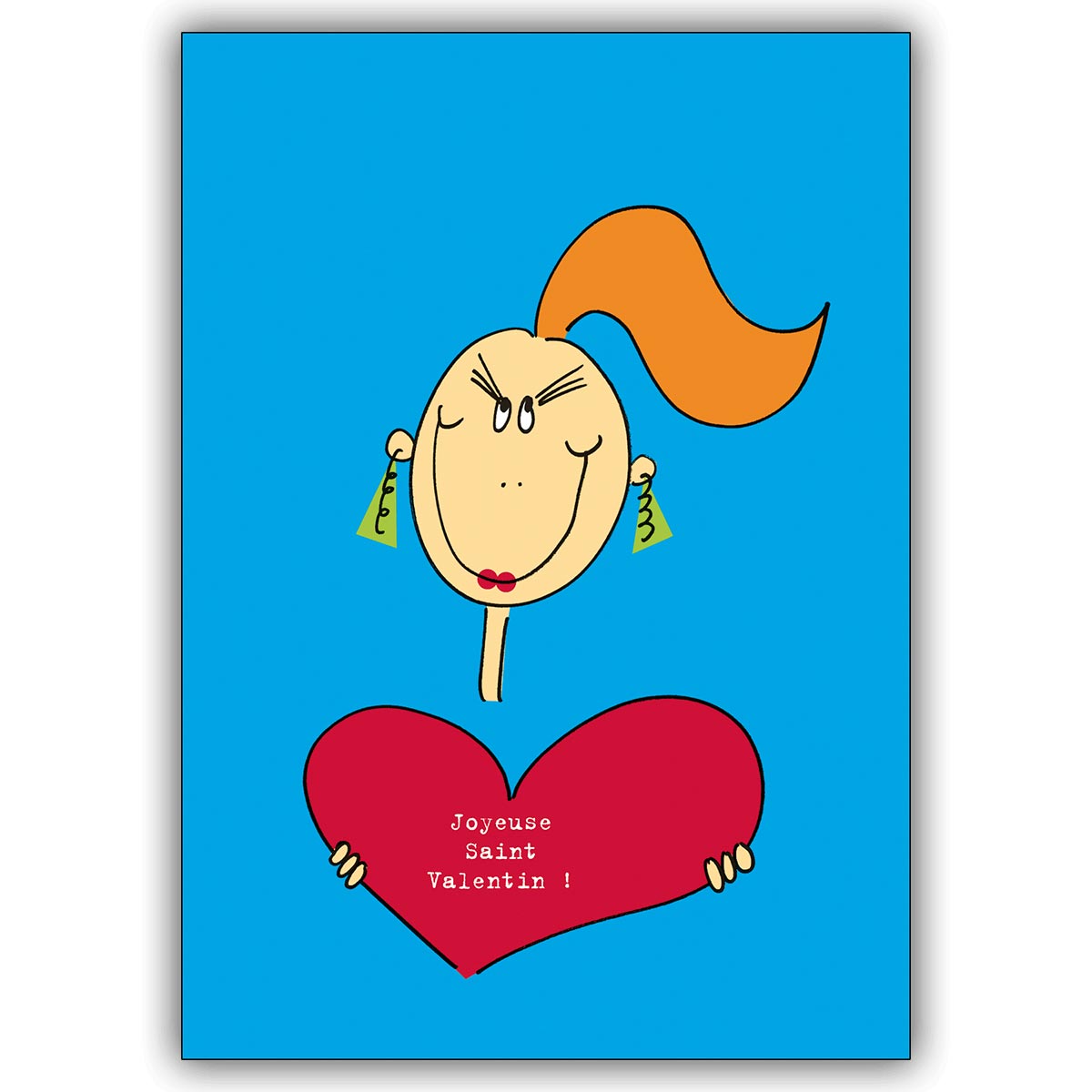 Französische Liebeskarte mit Frau und großem Herz: Joyeuse Saint Valentin!