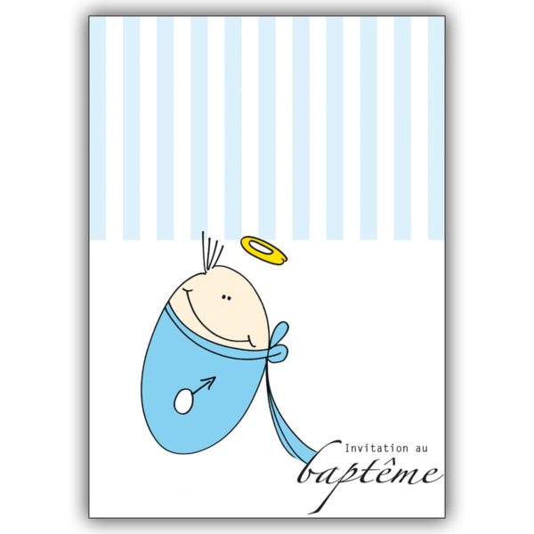 Niedliche Französische Taufeinladungskarte mit Baby Jungen und Heiligenschein