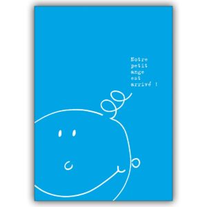 Niedliche französische Geburtsanzeigenkarte mit Baby in blau: Notre petit ange..
