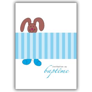 Lustige Französische Taufeinladungskarte mit kleinem Hase in blau