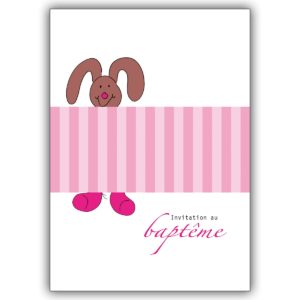 Lustige Französische Taufeinladungskarte mit kleinem Hase in rosa