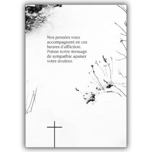 Tröstende Französische Trauerkarte mit Kreuz auf Schnee