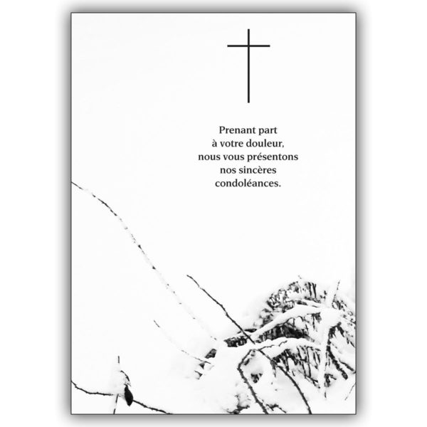 Französische Trauerkarte mit Kreuz auf Schnee: Prenant part à votre douleur…