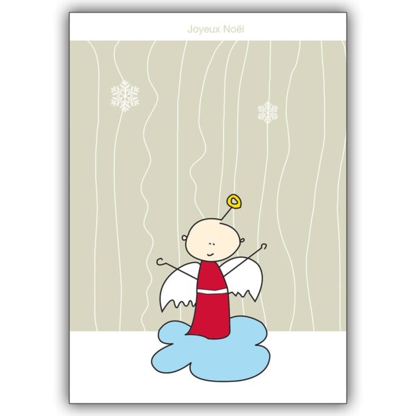 Süße Französische Weihnachtskarte mit Weihnachtsengel auf einer Wolke und Schnee