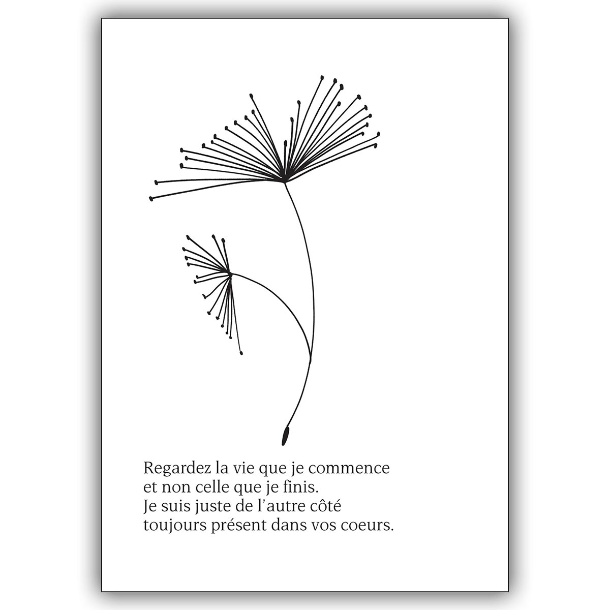 Elegante französische Trauerkarte mit Blume: Regardez la vie que je commence…