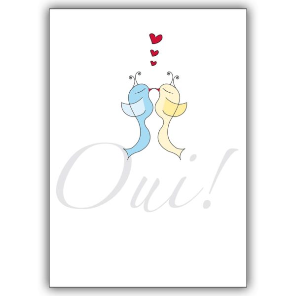 Romantische französische Liebeskarte mit verliebten Vögeln: Oui
