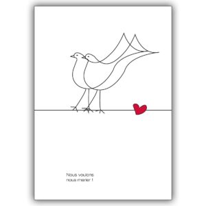 Französische Hochzeitsanzeigenkarte mit romantischen Tauben auf weiß