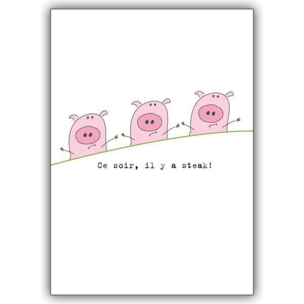 Lustige französische Einladungskarte zum Essen mit kleinen Schweinchen