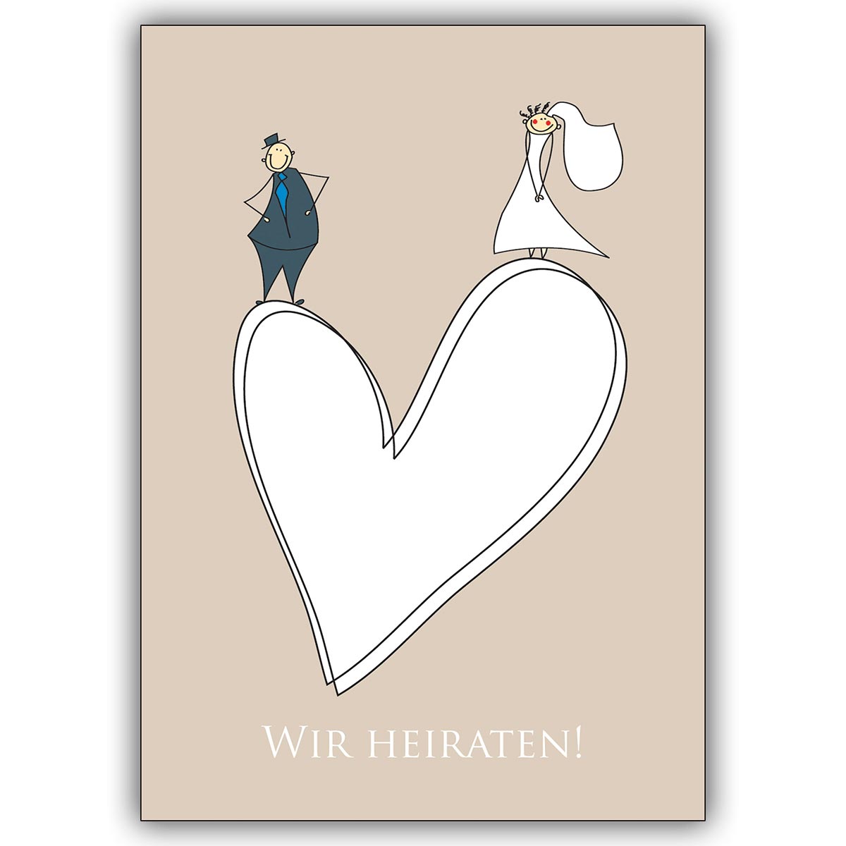 Süße Hochzeitsanzeige mit niedlichem Brautpaar auf Herz: Wir heiraten!