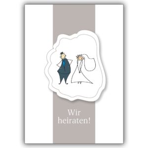 Fröhliche Hochzeitsanzeige mit Brautpaar: Wir heiraten!