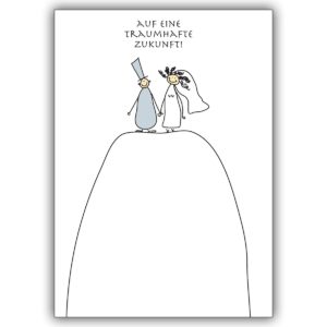 Fröhliche Hochzeitskarte mit Brautpaar: Auf eine traumhafte Zukunft!