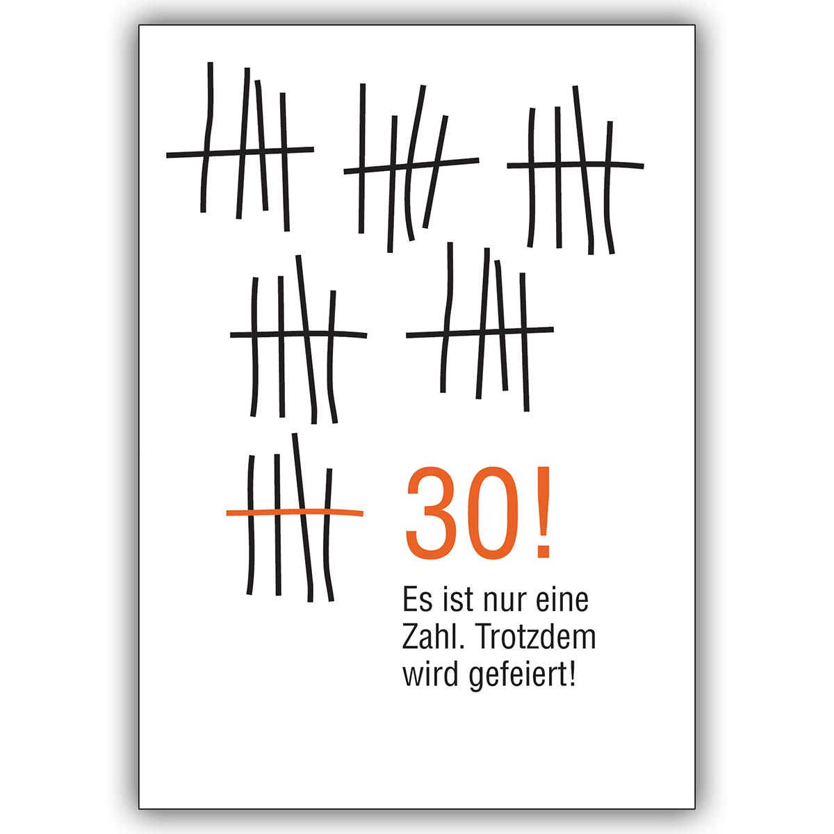 Schöne Geburtstagskarte zum 30. Geburtstag im Strich-Listen Look: Es ist nur eine Zahl.