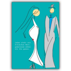 Moderne illustrierte Hochzeits Glückwunschkarte mit Brautpaar und Spruch