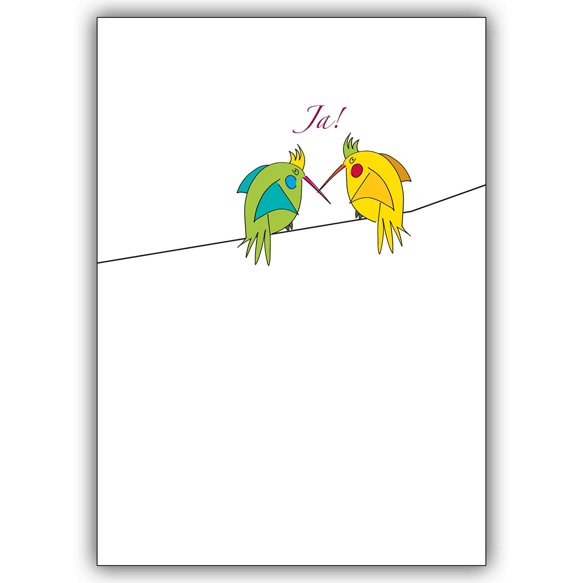 Lustige Hochzeitsanzeigenkarte mit verliebten Vögeln, die “Ja” sagen
