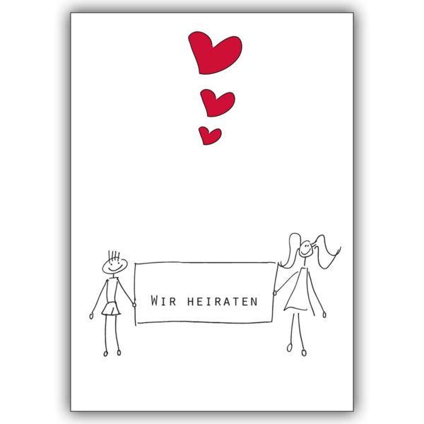 Illustrierte Hochzeits Anzeigen, Einladungskarte mit Herzen: Wir heiraten
