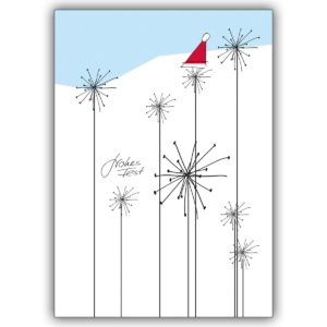 Fröhliche Weihnachtskarte mit Nikolaus Mütze auf Schnee Blumen