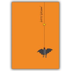 Lustige “Happy Halloween” Klappkarte mit Fledermaus, die abhängt.