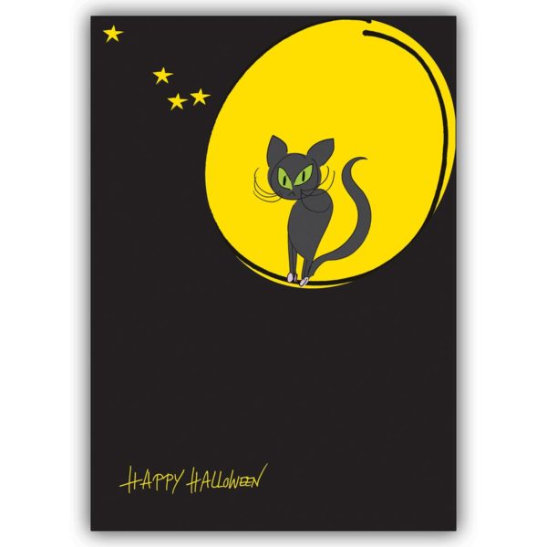 Schaurige Glückwunsch Klappkarte mit mondsüchtiger Katze: Happy Halloween