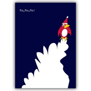 Lustige Weihnachts Grußkarte mit Pinguin auf Tannen Zweig.