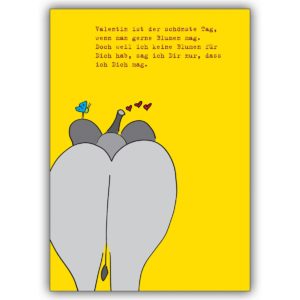 Schöne Valentins Grußkarte mit kleinem Elefanten statt Blumen
