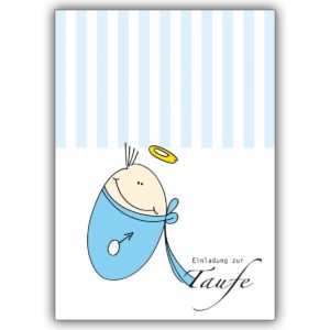 Illustrierte Einladungskarte zur Taufe: kleiner Junge mit Heiligenschein.