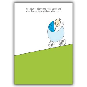 Lustige Babykarte mit Kinderwagen und Spruch zur Geburt eines kleinen Jungens