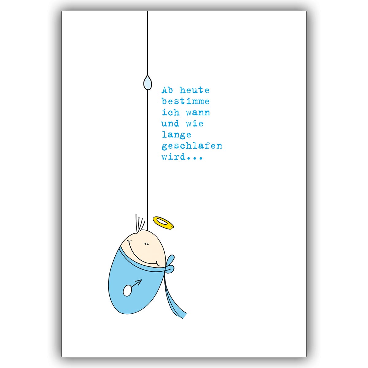 Lustige hellblaue Babykarte zur Geburt eines Jungen mit Heiligenschein und Spruch