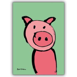 Lustige Grusskarte miz Glücksschwein auf grün