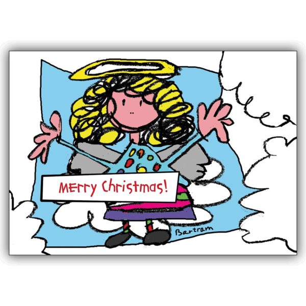 Lustige Weihnachtskarte mit Engel auf Wolke 7: Merry Christmas