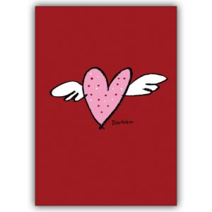 Schöne Liebeskarte und zum Valentinstag: Das fliegende Herz auf rot