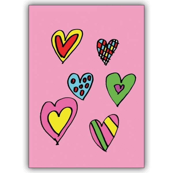 Liebevolle Karte mit bunten Herzen nicht nur zum Valentinstag