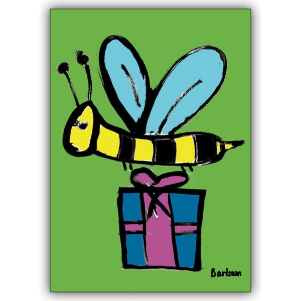 Süße Grußkarte mit Geschenke Biene, die ihre Glückwünsche überbringt