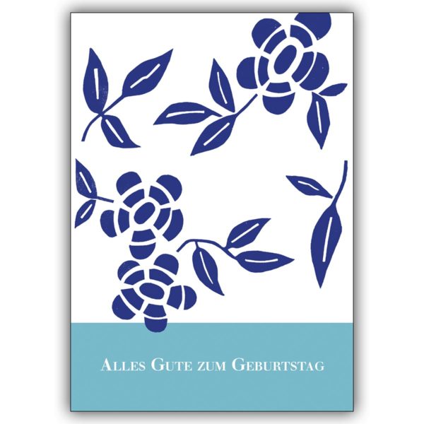 Elegante Linolschnitt Blumen Glückwunschkarte zum Geburtstag in blau