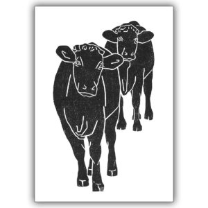 Künstlerische Linolschnitt Karte mit 2 Kühen in schwarz weiß