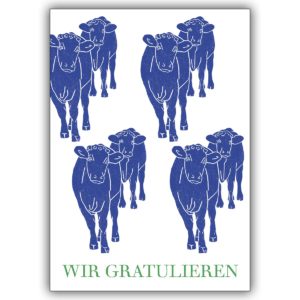 Nette Glückwunschkarte vom Team, der Familie mit blauer Kuh Herde: Wir gratulieren