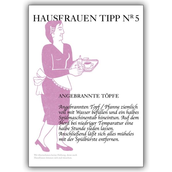 Lustige Koch-Anfänger Grusskarte mit Hausfrauen Tipp Nr. 5: angebrannte Töpfe