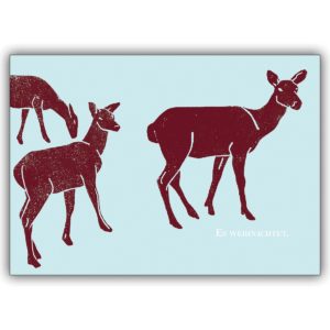Feine Weihnachtskarte mit rötlichen Rehen auf winterlichem blau mit Spruch