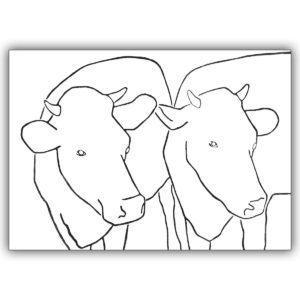 Künstlerische Linolschnitt Grusskarte in schwarz weiß: Befreundete Kühe
