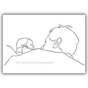 Schöne Geburtsanzeige mit Vater und Baby: Jetzt wird ins neue Glück gestartet (rosa)