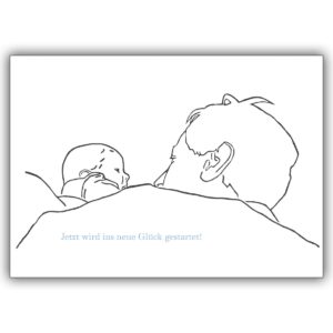 Traumhafte Geburtsanzeige mit Vater und Baby: Jetzt wird ins neue Glück gestartet (blau)