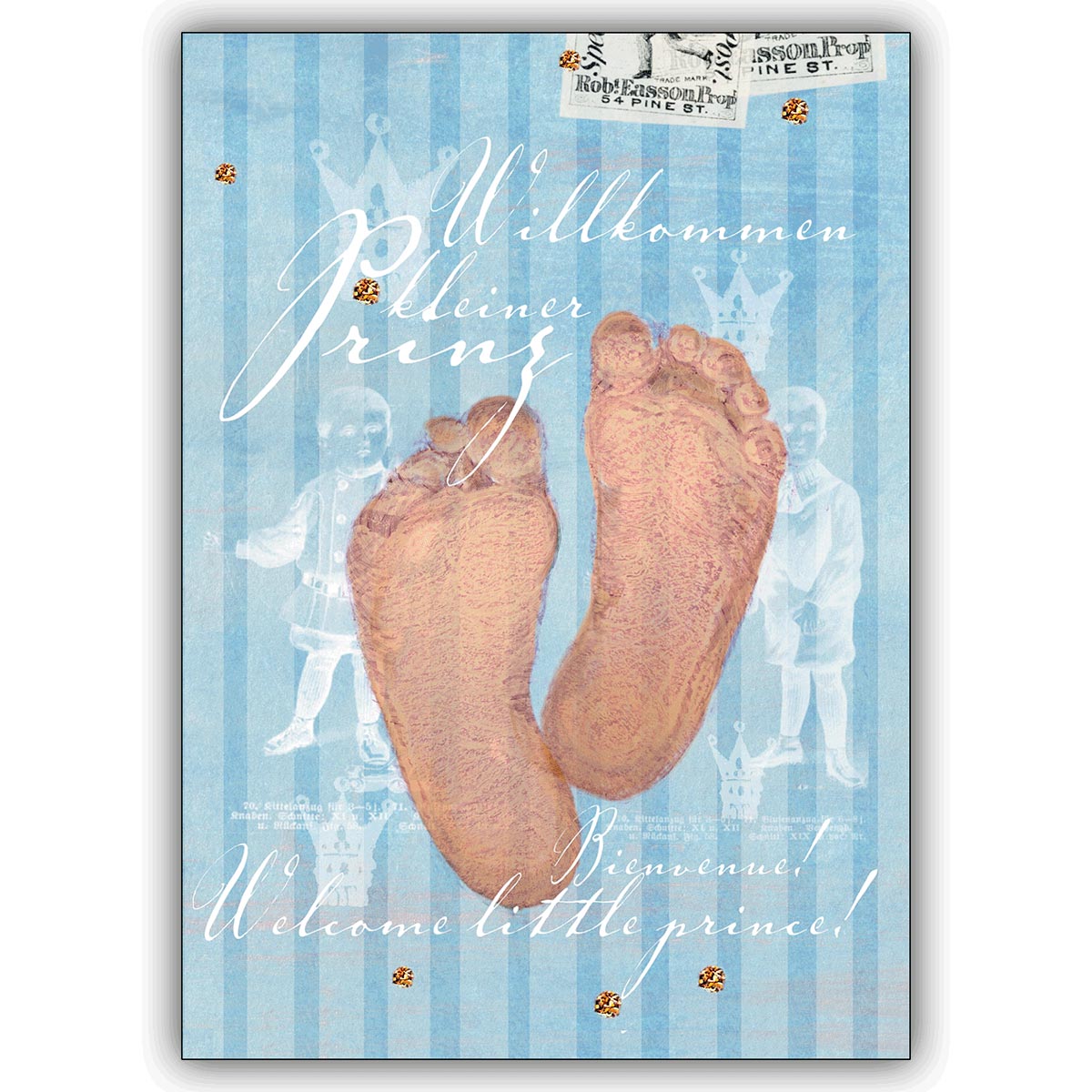 wunderschöne Babykarte Gratulationskarte zur Geburt in blau: Willkommen kleiner Prinz