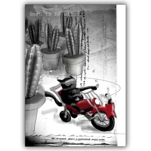 Lustige Biker Grußkarte mit schwarzer Katze: Born to be wild!