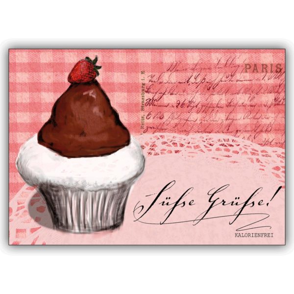 Süße Grußkarte für Leckermäulchen mit einem illustrierten Erdbeer Törtchen