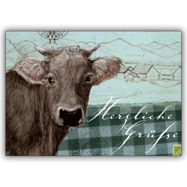 Herzliche Grußkarte mit einer Kuh um sie zu verschicken muss man nicht auf der Alm leben