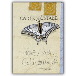 Schöne Vintage Grußkarte mit Schmetterlingen: Herzlichen Glückwunsch