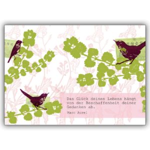 Aufbauende Vintage Grußkarte mit Vögeln und Marc Aurel Zitat