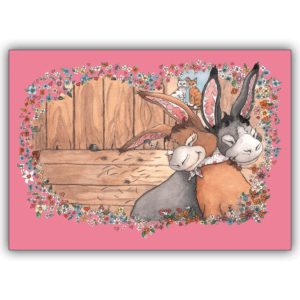 Nette Liebeskarte mit romantischem Eselspaar im Blumenherz