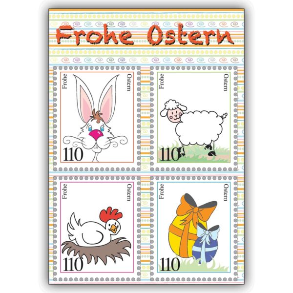 lustige Osterkarte mit bunten Briefmarken Motiven zu Ostern