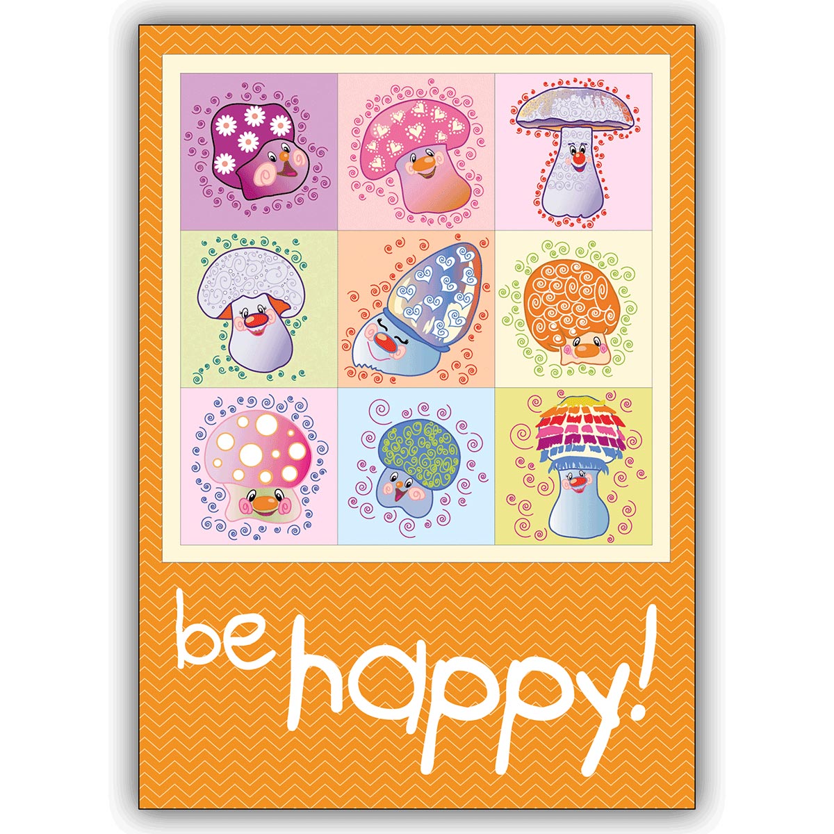 Aufmunternde Grusskarte mit Glückspilzen: be happy