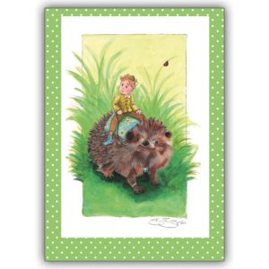 Märchenhafte Kinder Grußkarte: Der Junge auf dem Igel als Geburtstagskarte